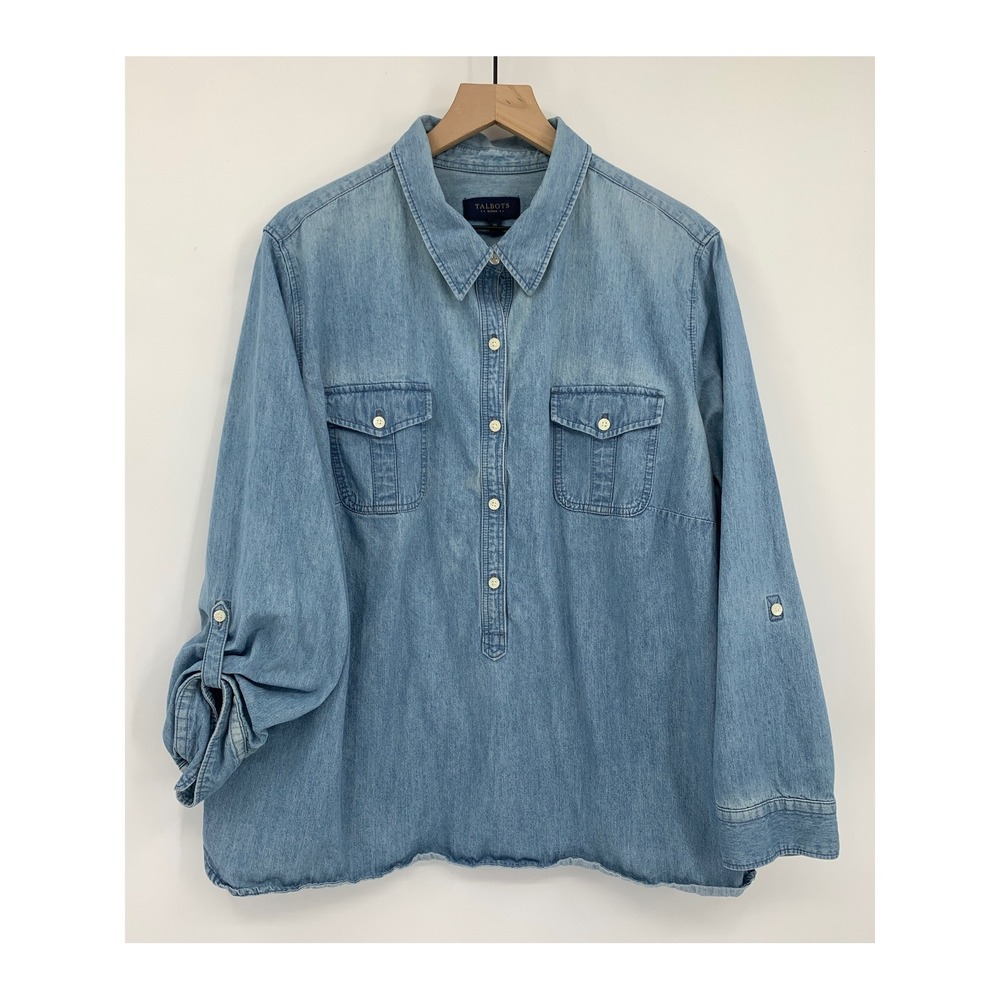 Talbots Denim Shirt Women 3X Blue Roll Tab Sleeve Pullover Chambray Popover
